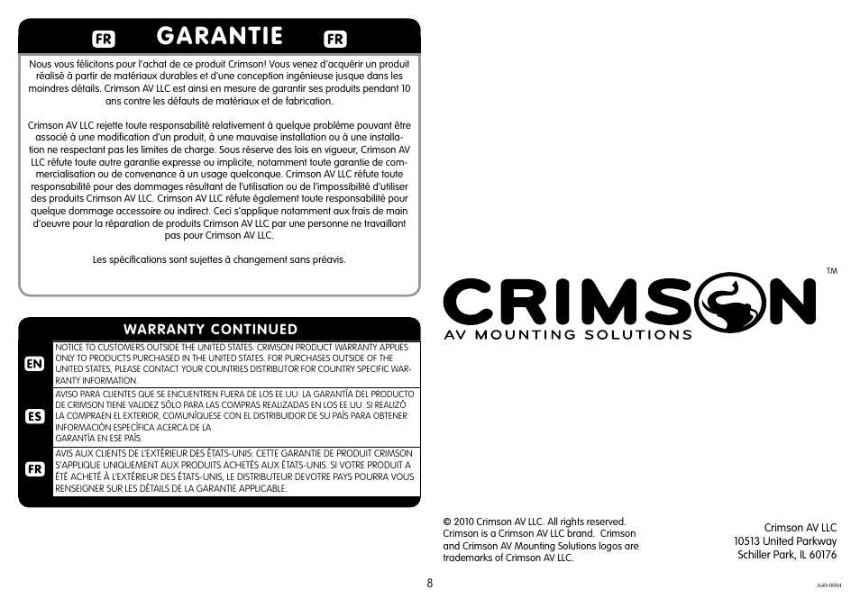 Garantie, Warranty continued | Crimson A40 User Manual | Page 8 / 8