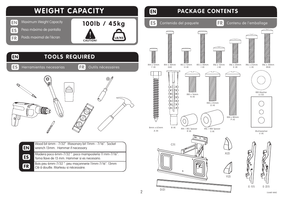 Weight capacity, Package contents, Tools required | Crimson A46F User Manual | Page 2 / 8