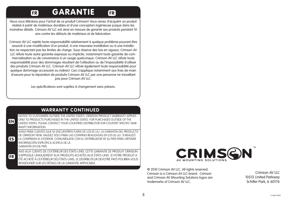 Garantie, Warranty continued | Crimson A46F User Manual | Page 8 / 8