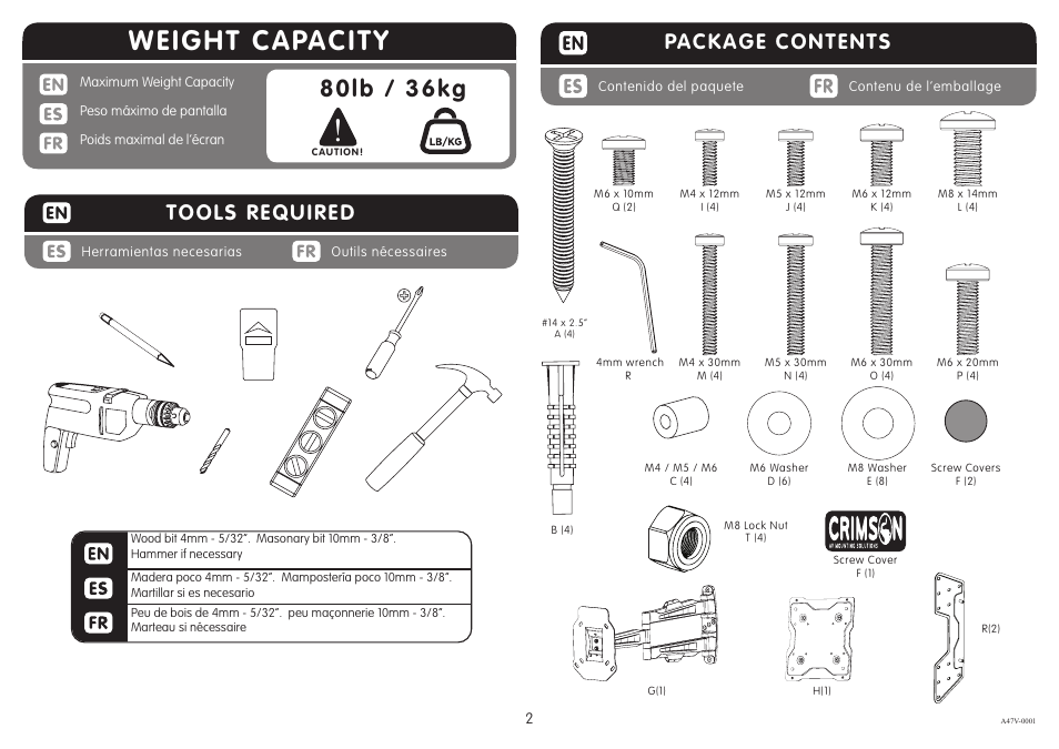 Weight capacity, 80lb / 36kg, Package contents | Tools required | Crimson A47V User Manual | Page 2 / 8