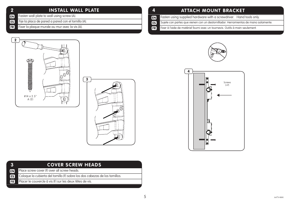 Install wall plate 2, Cover screw heads 3, 4attach mount bracket | Crimson A47V User Manual | Page 5 / 8