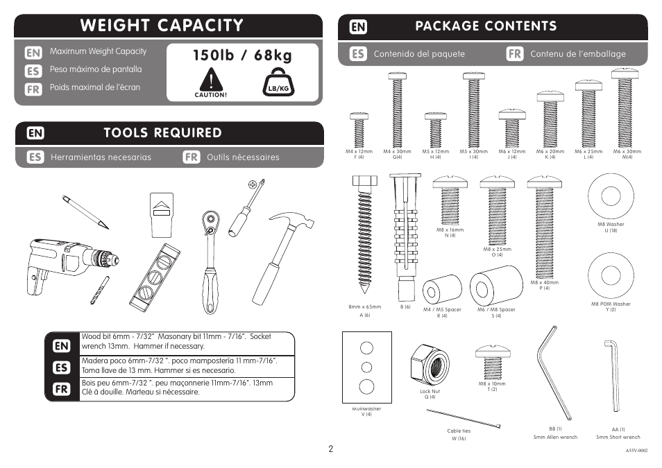 Weight capacity, Package contents, Tools required | Crimson A55V User Manual | Page 2 / 10