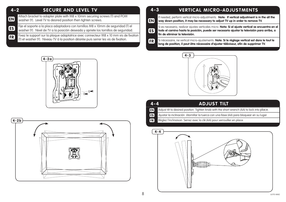 3 vertical micro-adjustments, Adjust tilt 4-4, 2 secure and level tv | Crimson A55V User Manual | Page 8 / 10