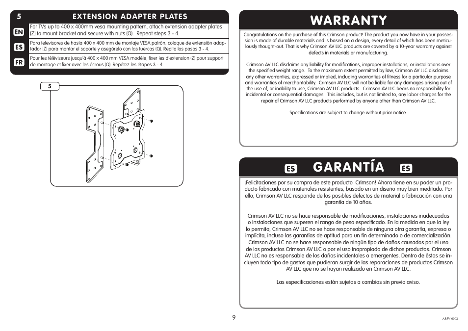 Warranty garantía, 5extension adapter plates | Crimson A55V User Manual | Page 9 / 10