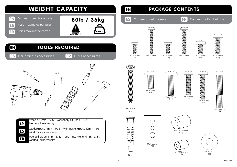 Weight capacity, 80lb / 36kg, Package contents | Tools required | Crimson A60U User Manual | Page 2 / 8