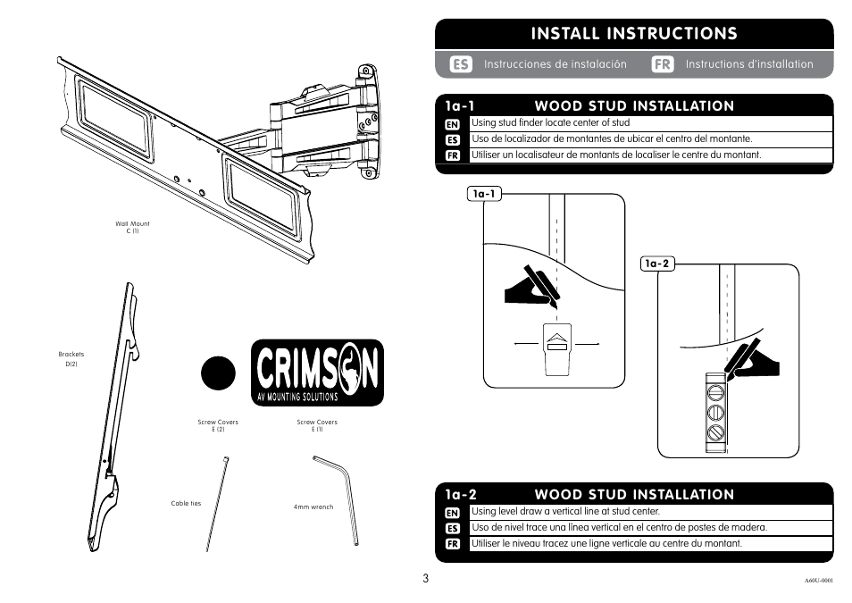 Install instructions, Wood stud installation 1a-1, Wood stud installation 1a-2 | Crimson A60U User Manual | Page 3 / 8