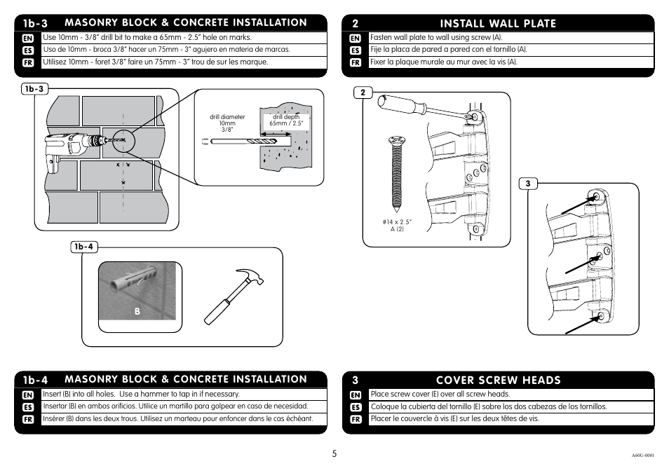 Install wall plate 2, Cover screw heads 3, 1b-3 | 1b-4 | Crimson A60U User Manual | Page 5 / 8