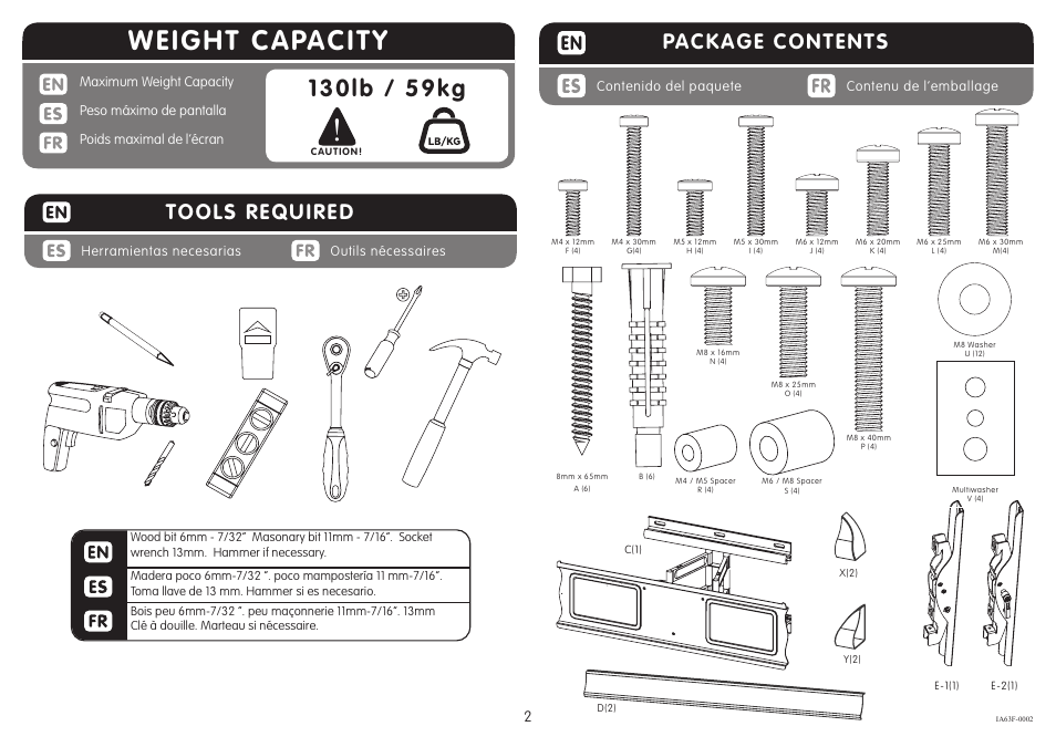 Weight capacity, Package contents, Tools required | Crimson A63F User Manual | Page 2 / 9