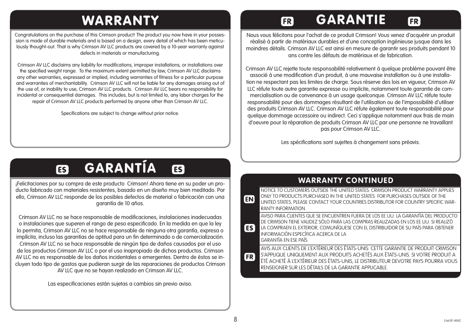 Warranty garantía, Garantie, Warranty continued | Crimson A63F User Manual | Page 8 / 9