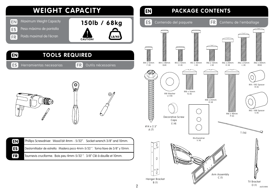 Weight capacity, Tools required, Package contents | Crimson A63I User Manual | Page 2 / 7