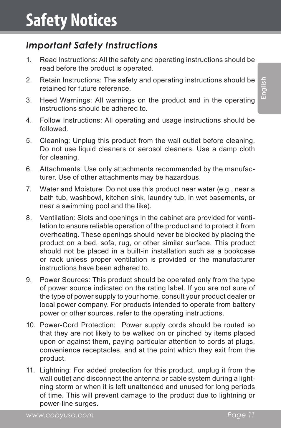 Safety notices, Important safety instructions | COBY electronic CSMP80 User Manual | Page 11 / 40