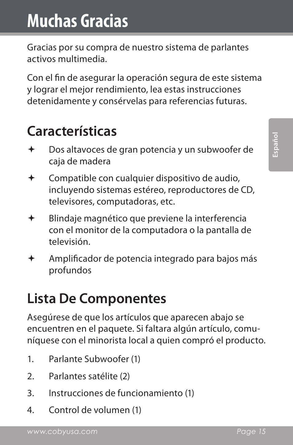 Muchas gracias, Características, Lista de componentes | COBY electronic CSMP80 User Manual | Page 15 / 40