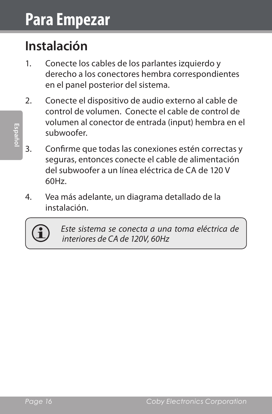 Para empezar, Instalación | COBY electronic CSMP80 User Manual | Page 16 / 40
