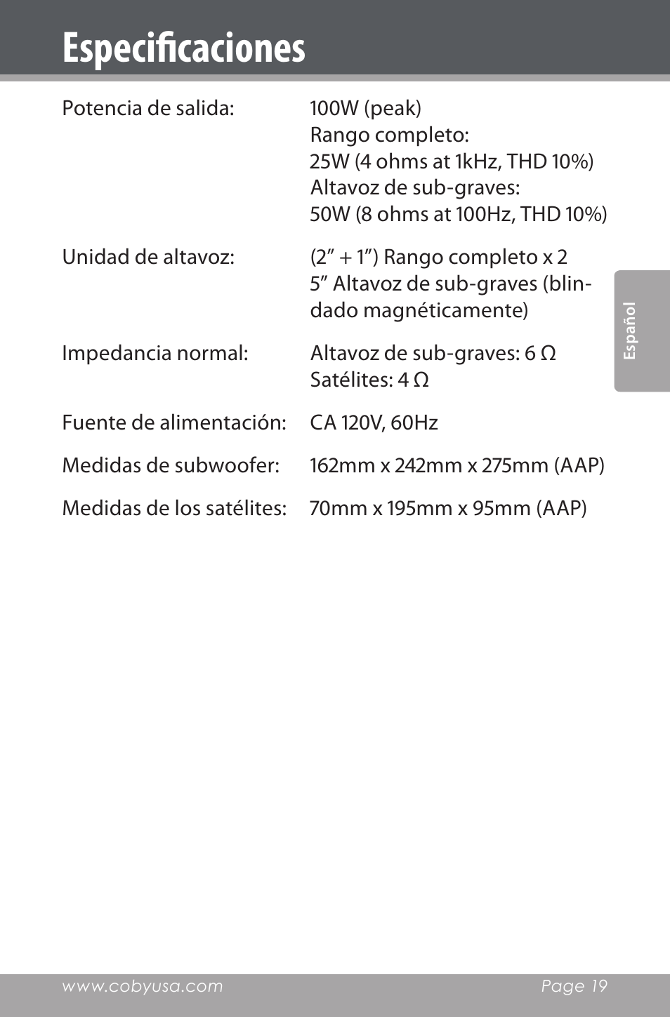 Especificaciones | COBY electronic CSMP80 User Manual | Page 19 / 40