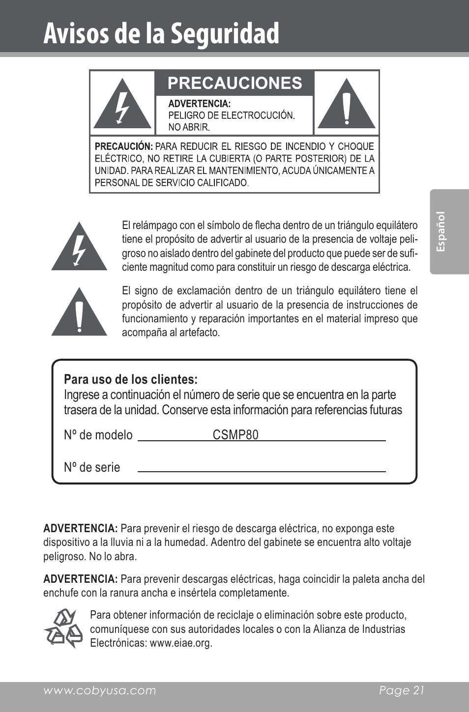 Avisos de la seguridad | COBY electronic CSMP80 User Manual | Page 21 / 40