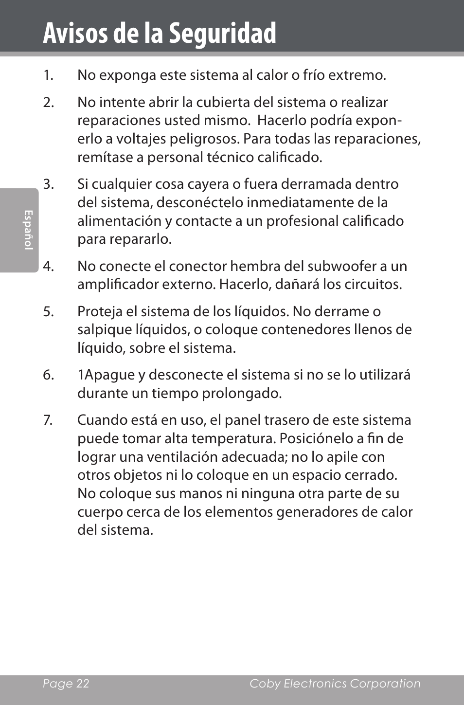 Avisos de la seguridad | COBY electronic CSMP80 User Manual | Page 22 / 40