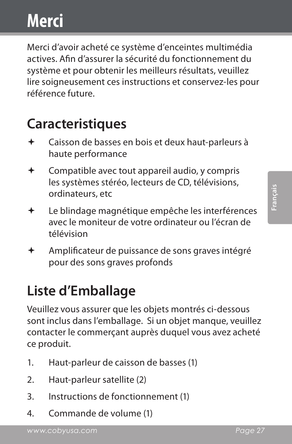 Merci, Caracteristiques, Liste d’emballage | COBY electronic CSMP80 User Manual | Page 27 / 40