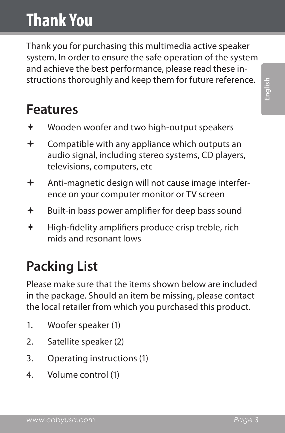 Thank you, Features, Packing list | COBY electronic CSMP80 User Manual | Page 3 / 40