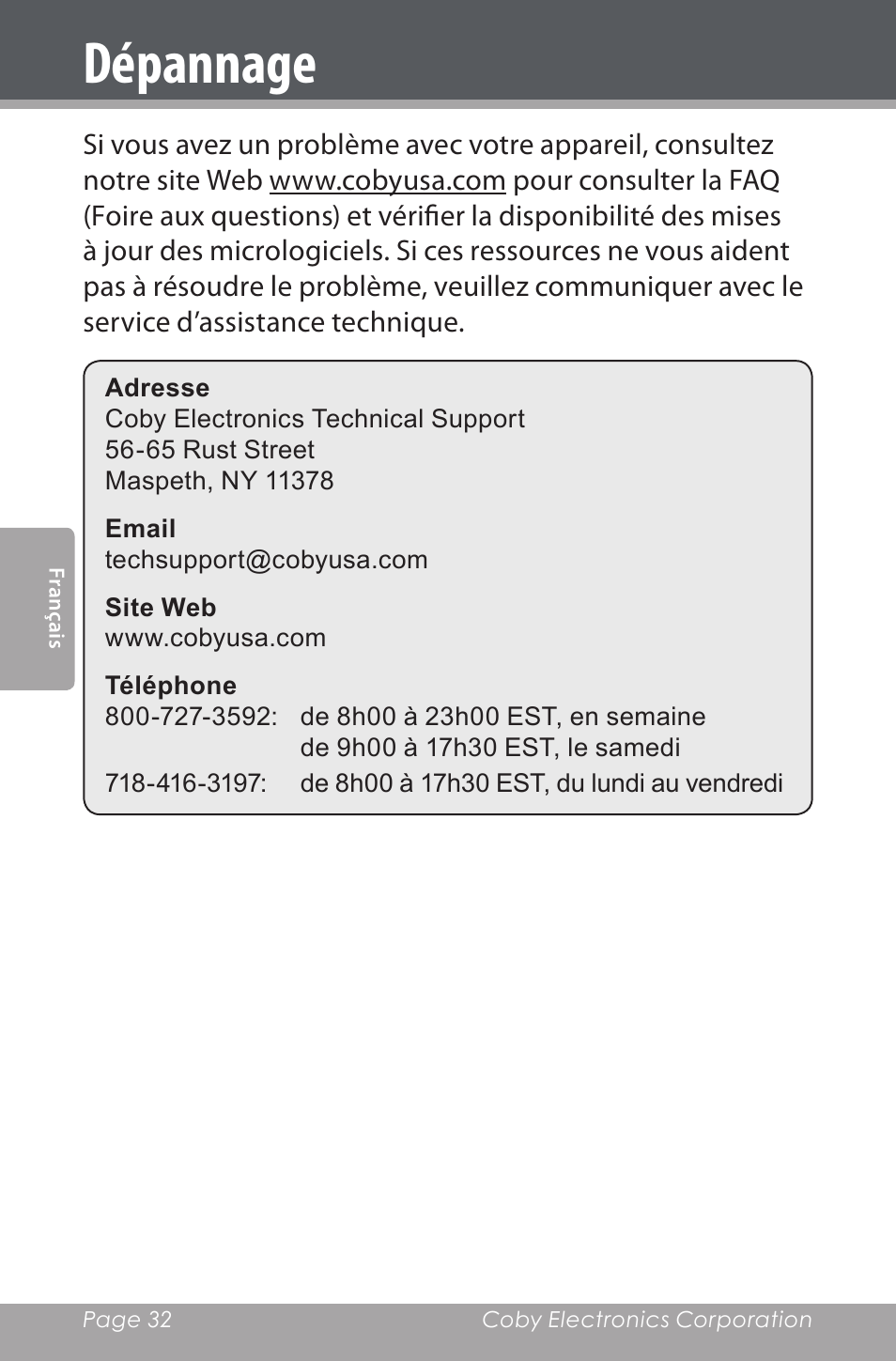 Dépannage | COBY electronic CSMP80 User Manual | Page 32 / 40