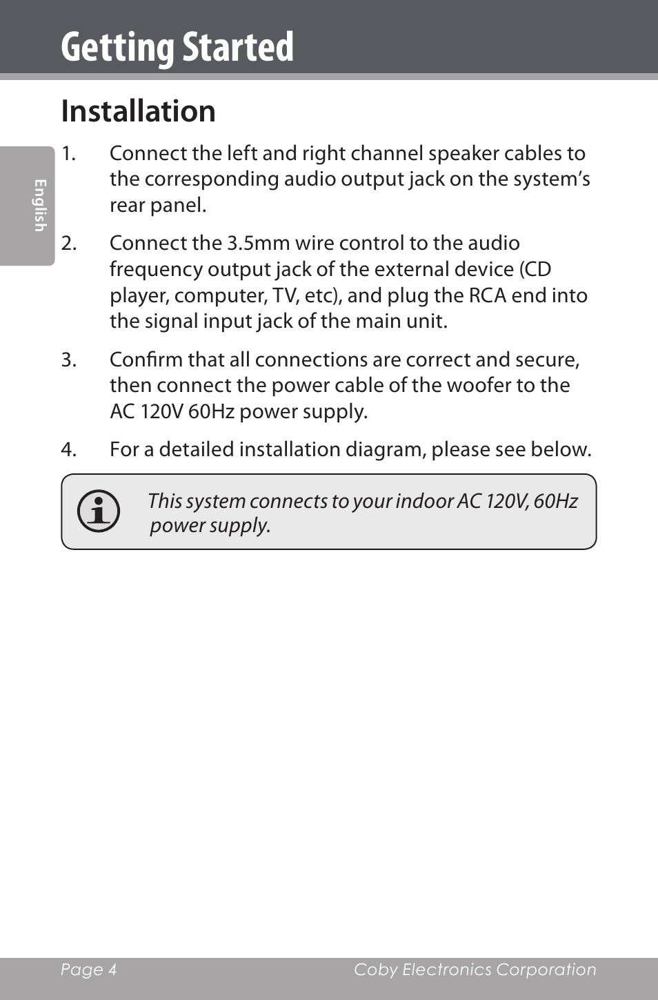 Getting started, Installation | COBY electronic CSMP80 User Manual | Page 4 / 40