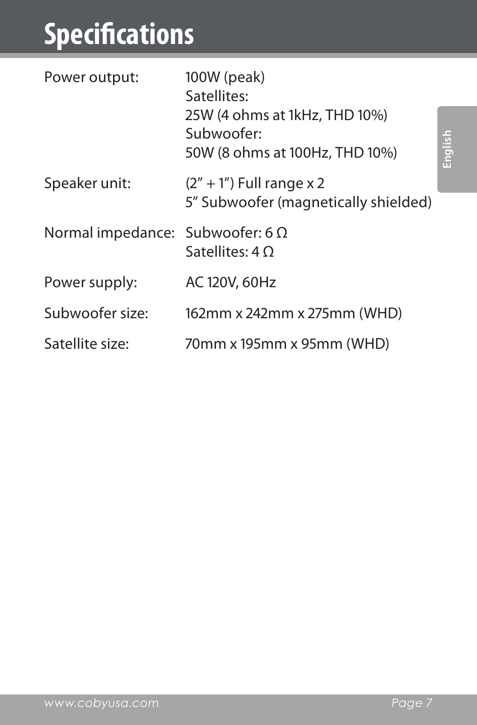Specifications | COBY electronic CSMP80 User Manual | Page 7 / 40