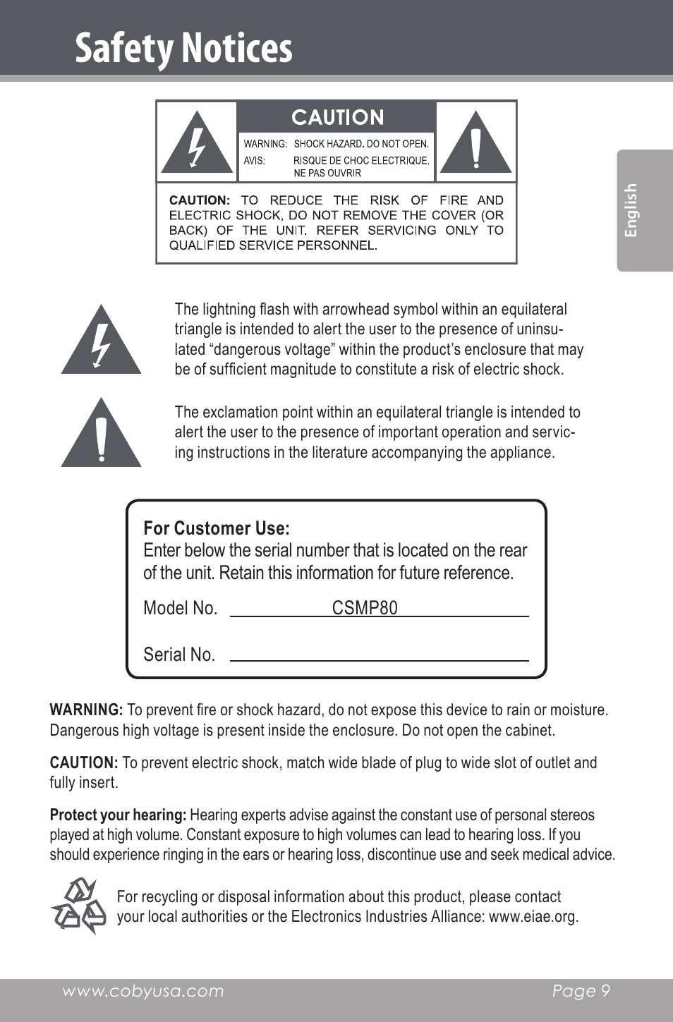 Safety notices | COBY electronic CSMP80 User Manual | Page 9 / 40