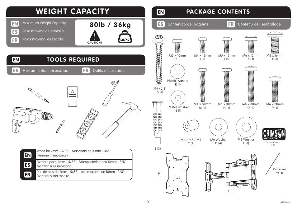 Weight capacity, 80lb / 36kg, Package contents | Tools required | Crimson AU42 User Manual | Page 2 / 8