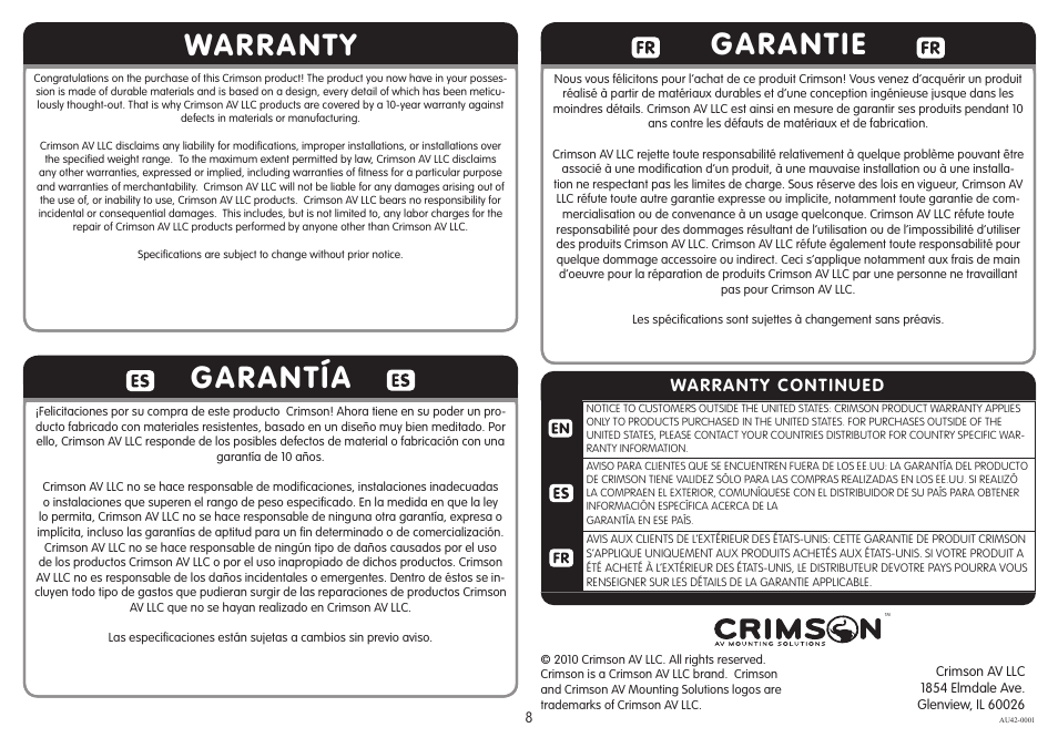 Warranty garantía, Garantie, Warranty continued | Crimson AU42 User Manual | Page 8 / 8