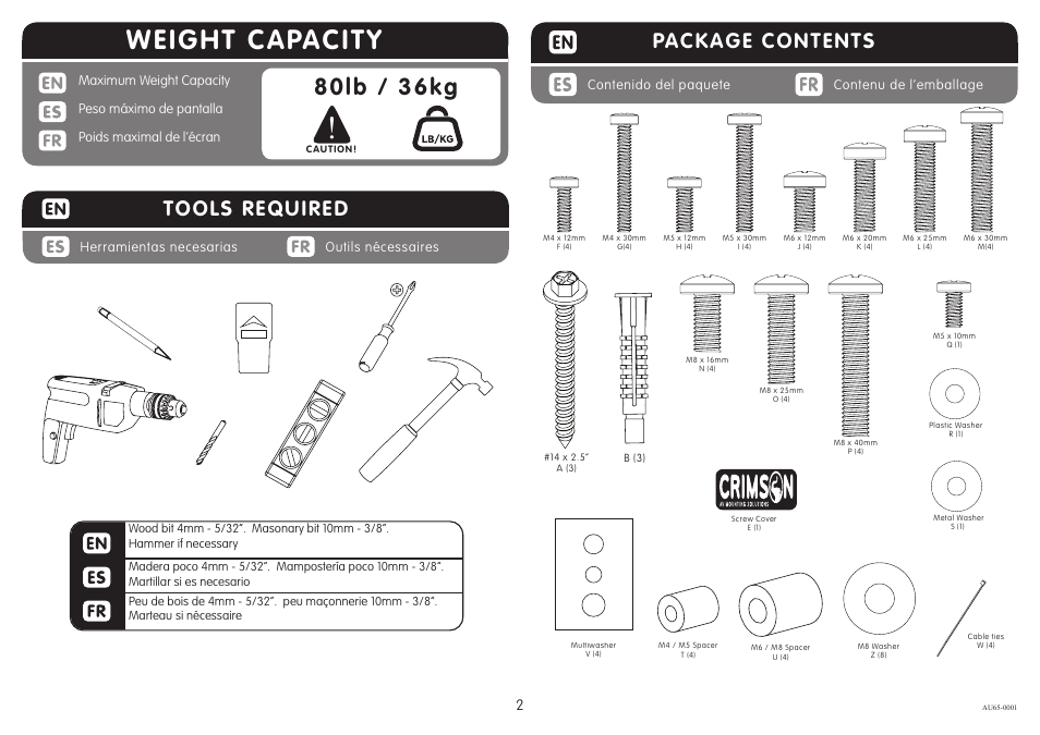 Weight capacity, 80lb / 36kg, Package contents | Tools required | Crimson AU65 User Manual | Page 2 / 9