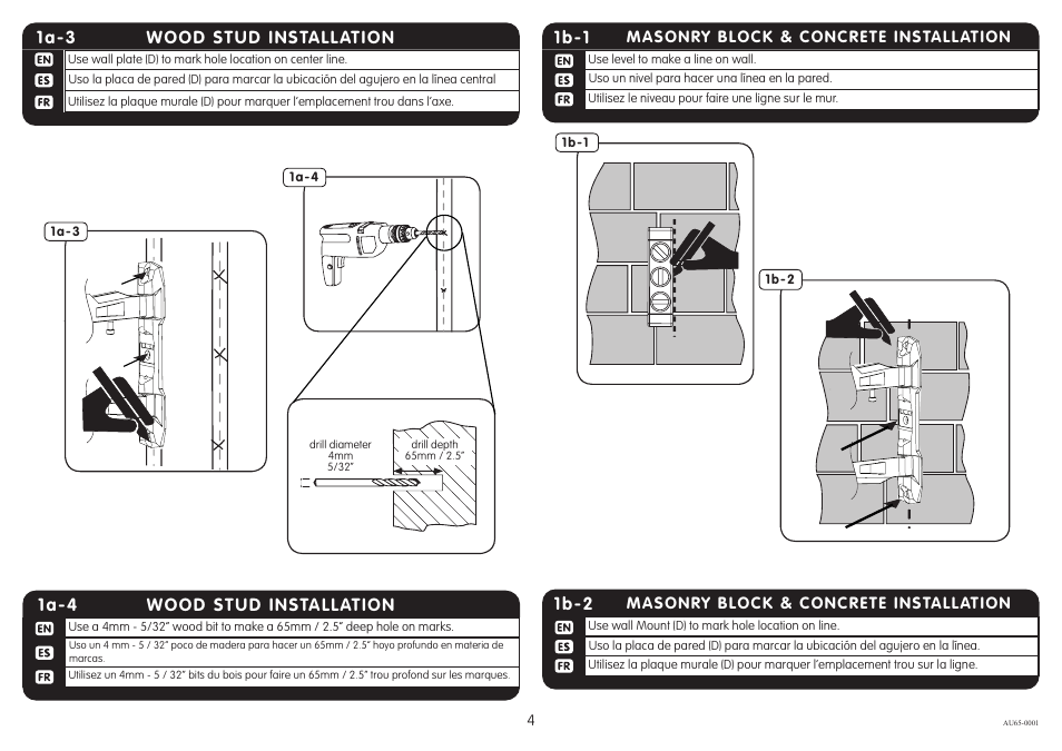 1b-1, 1b-2, Wood stud installation 1a-3 | Wood stud installation 1a-4 | Crimson AU65 User Manual | Page 4 / 9