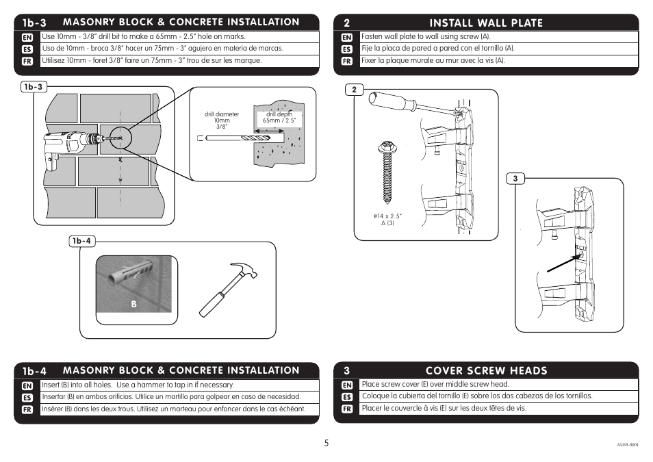 Install wall plate 2, Cover screw heads 3, 1b-3 | 1b-4 | Crimson AU65 User Manual | Page 5 / 9