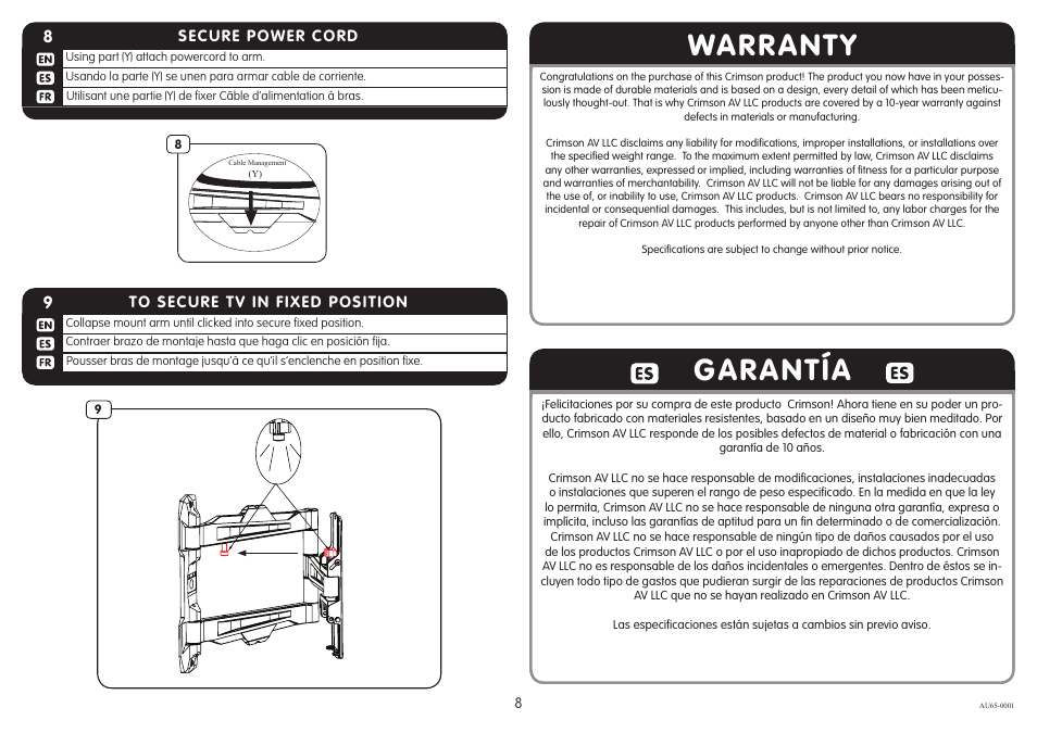 Warranty garantía | Crimson AU65 User Manual | Page 8 / 9