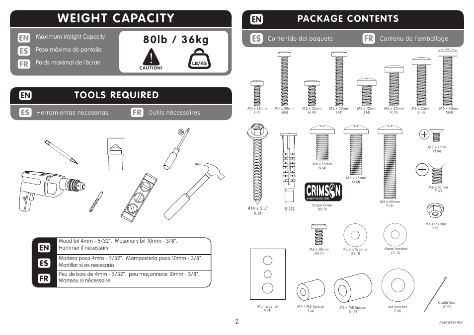 Weight capacity, 80lb / 36kg, Package contents | Tools required | Crimson AU65WP20 User Manual | Page 2 / 9