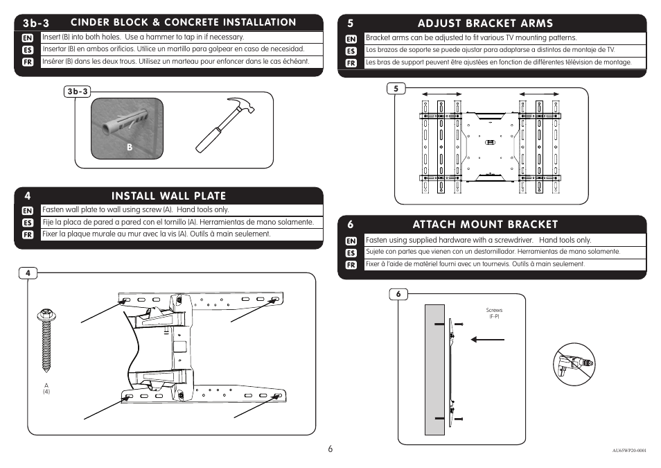 6attach mount bracket, 5adjust bracket arms, Install wall plate 4 | 3b-3 | Crimson AU65WP20 User Manual | Page 6 / 9