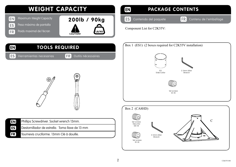Weight capacity, Package contents, Tools required | Crimson C2K55DV User Manual | Page 2 / 9