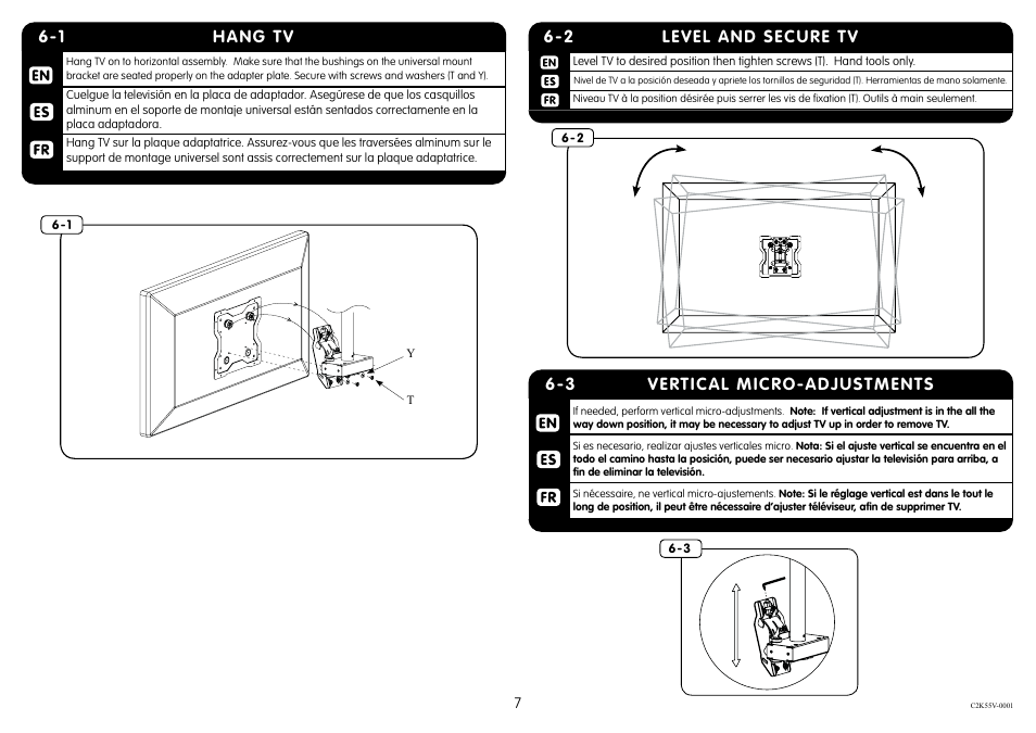 1 hang tv, 2 level and secure tv, 3 vertical micro-adjustments | Crimson C2K55DV User Manual | Page 7 / 9