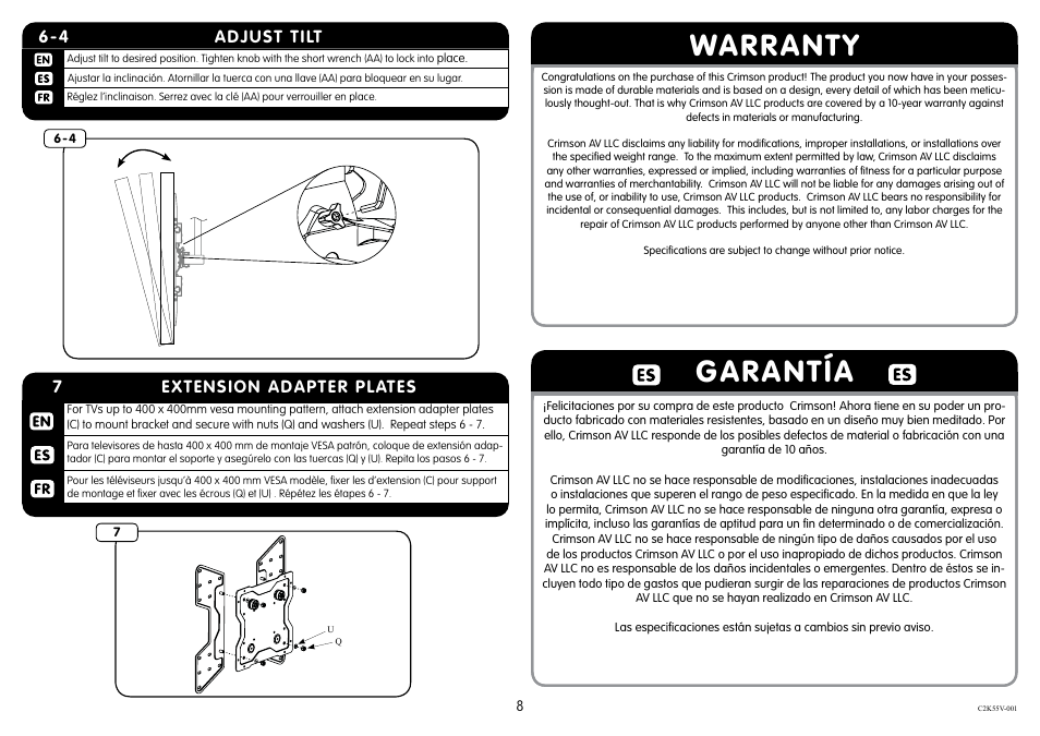 Warranty garantía, Adjust tilt 6-4, 7extension adapter plates | Crimson C2K55DV User Manual | Page 8 / 9