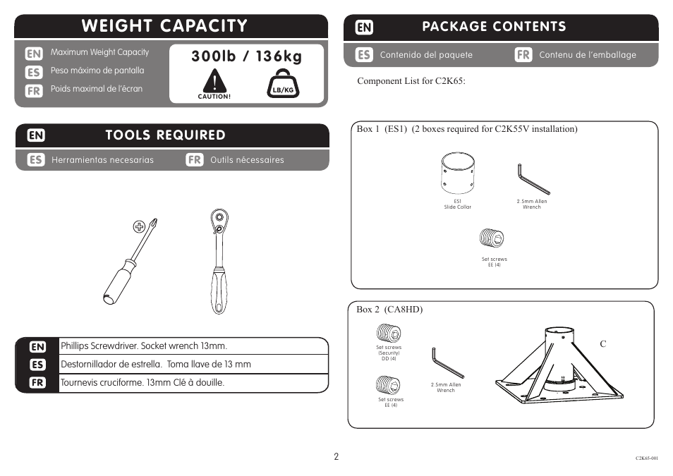 Weight capacity, Package contents, Tools required | Crimson C2K65 User Manual | Page 2 / 9