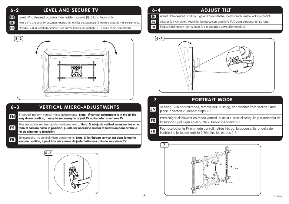 Adjust tilt 6-4, 2 level and secure tv, 3 vertical micro-adjustments | 7portrait mode | Crimson C2K65 User Manual | Page 8 / 9