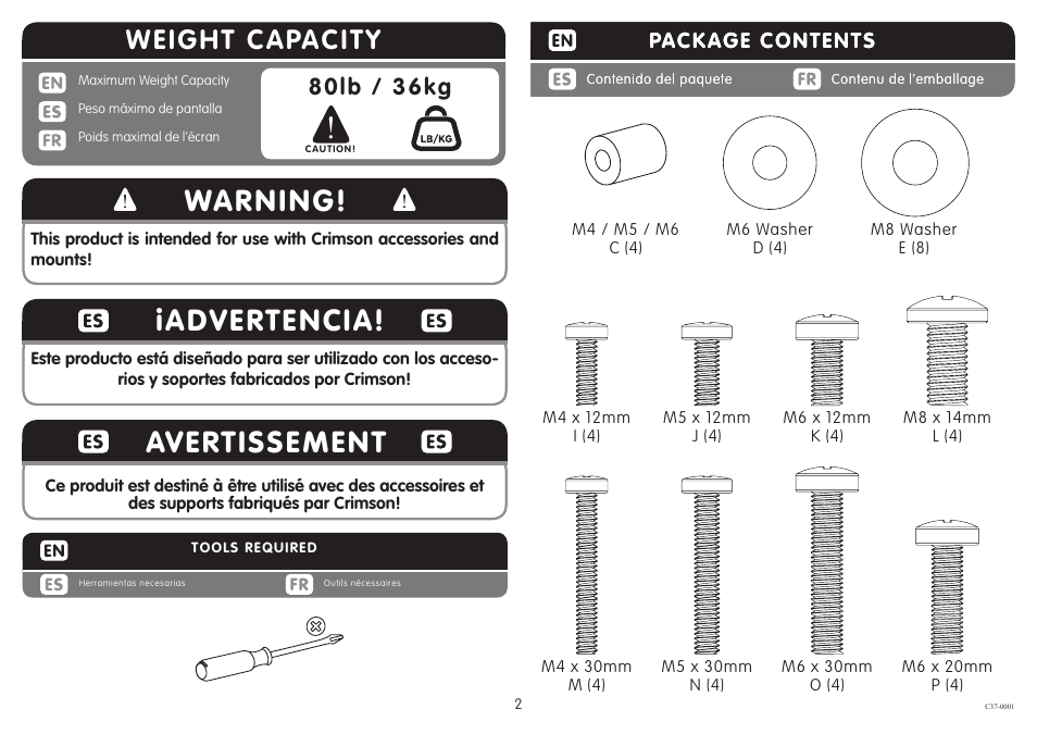 Warning, Iadvertencia, Avertissement | Weight capacity, 80lb / 36kg, Package contents | Crimson C37 User Manual | Page 2 / 5