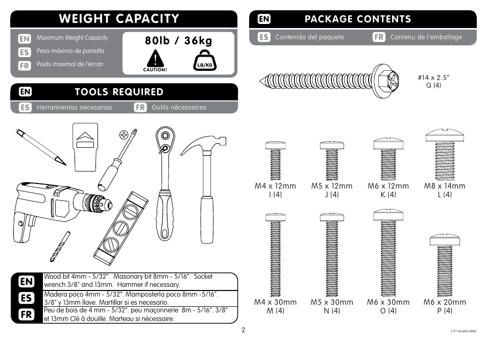 Weight capacity, 80lb / 36kg, Package contents | Tools required | Crimson C37-36A User Manual | Page 2 / 8