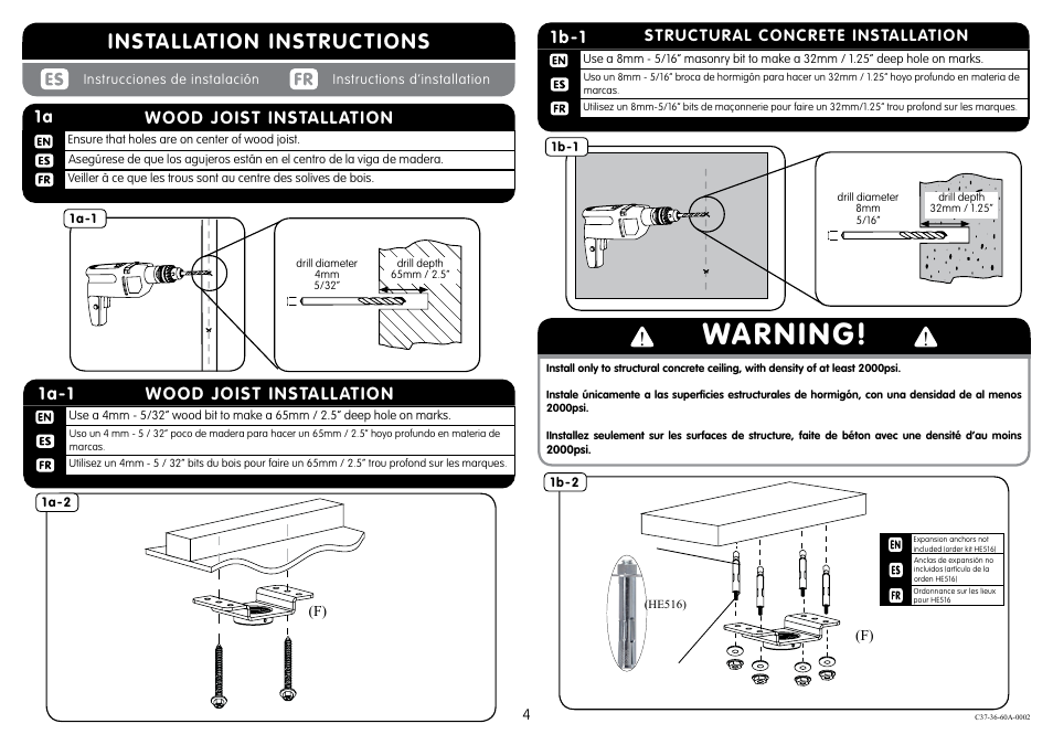 Warning, Installation instructions, Wood joist installation 1a-1 | Wood joist installation, 1b-1 | Crimson C37-36A User Manual | Page 4 / 8