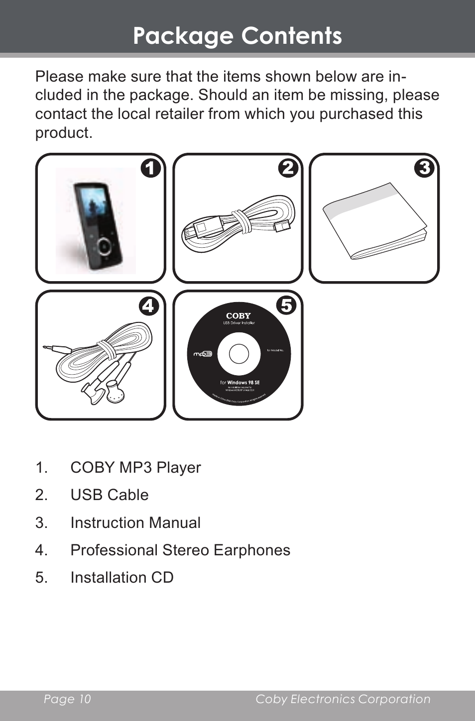 Package contents | COBY electronic MP-705-4G User Manual | Page 10 / 58