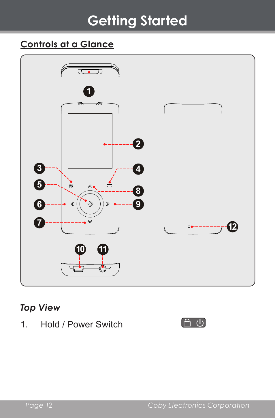 Getting started, Controls at a glance | COBY electronic MP-705-4G User Manual | Page 12 / 58