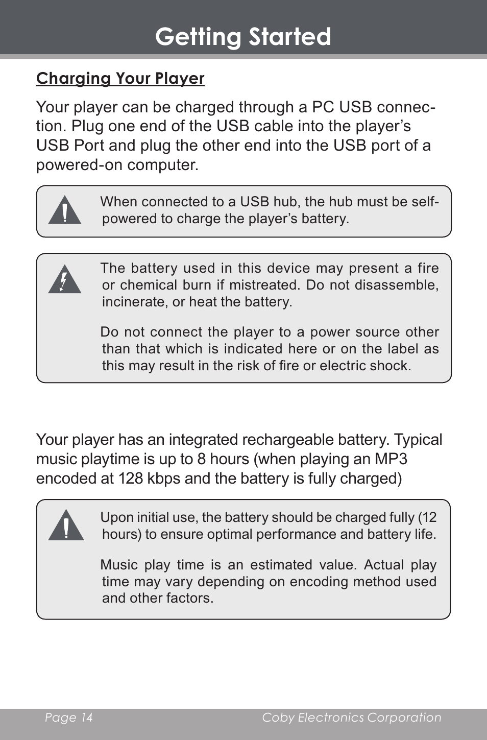 Charging your player, Getting started | COBY electronic MP-705-4G User Manual | Page 14 / 58