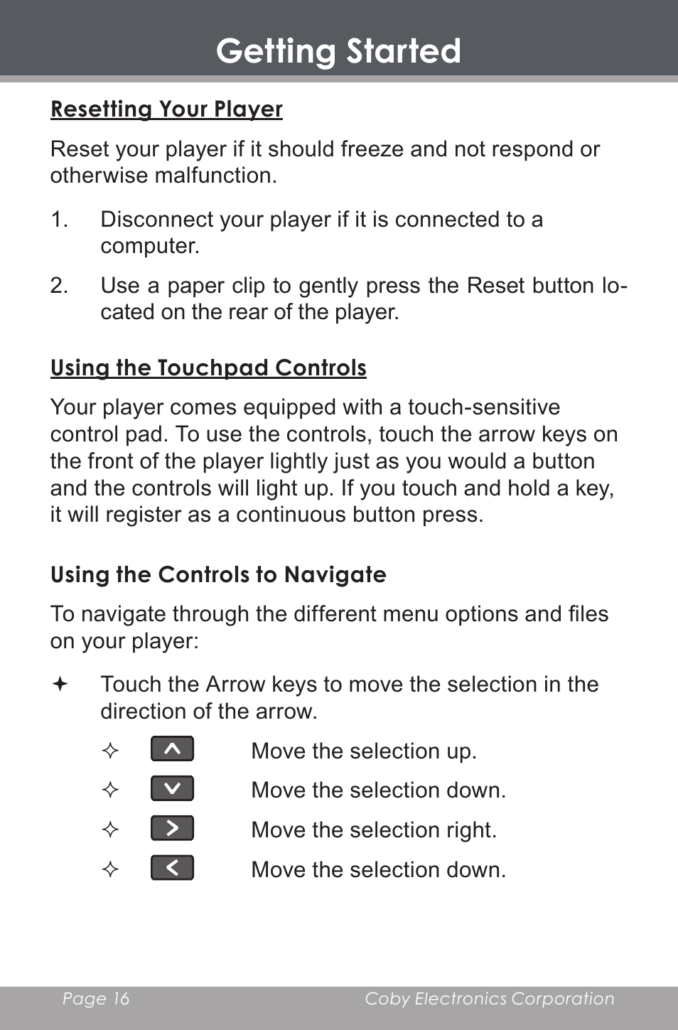 Resetting your player, Using the touchpad controls, Using the controls to navigate | Getting started | COBY electronic MP-705-4G User Manual | Page 16 / 58