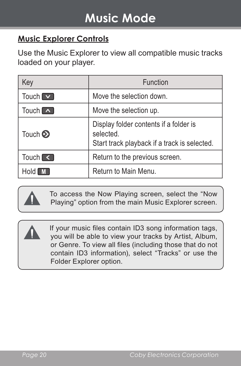 Music explorer controls, Music mode | COBY electronic MP-705-4G User Manual | Page 20 / 58