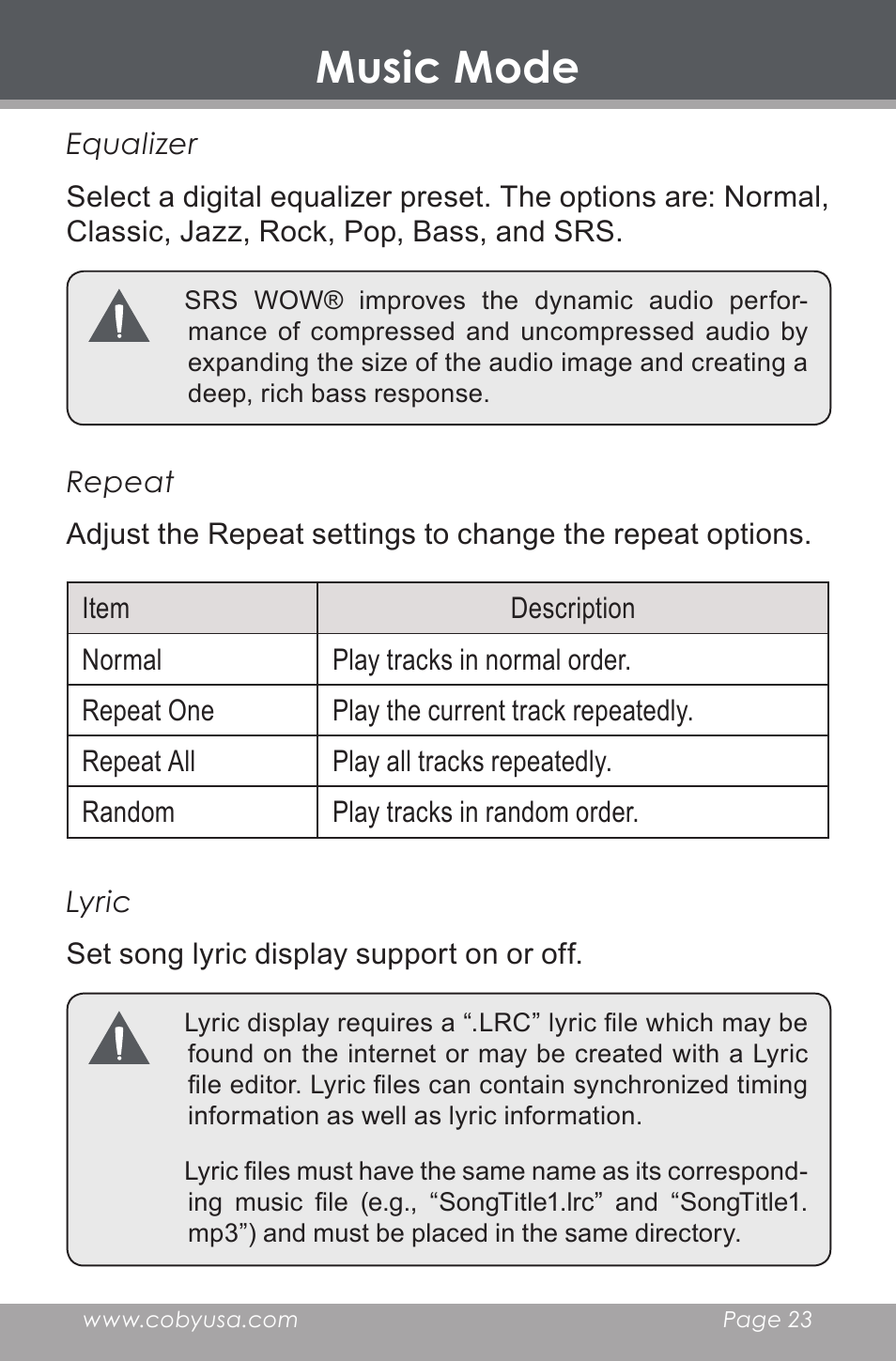 Music mode | COBY electronic MP-705-4G User Manual | Page 23 / 58