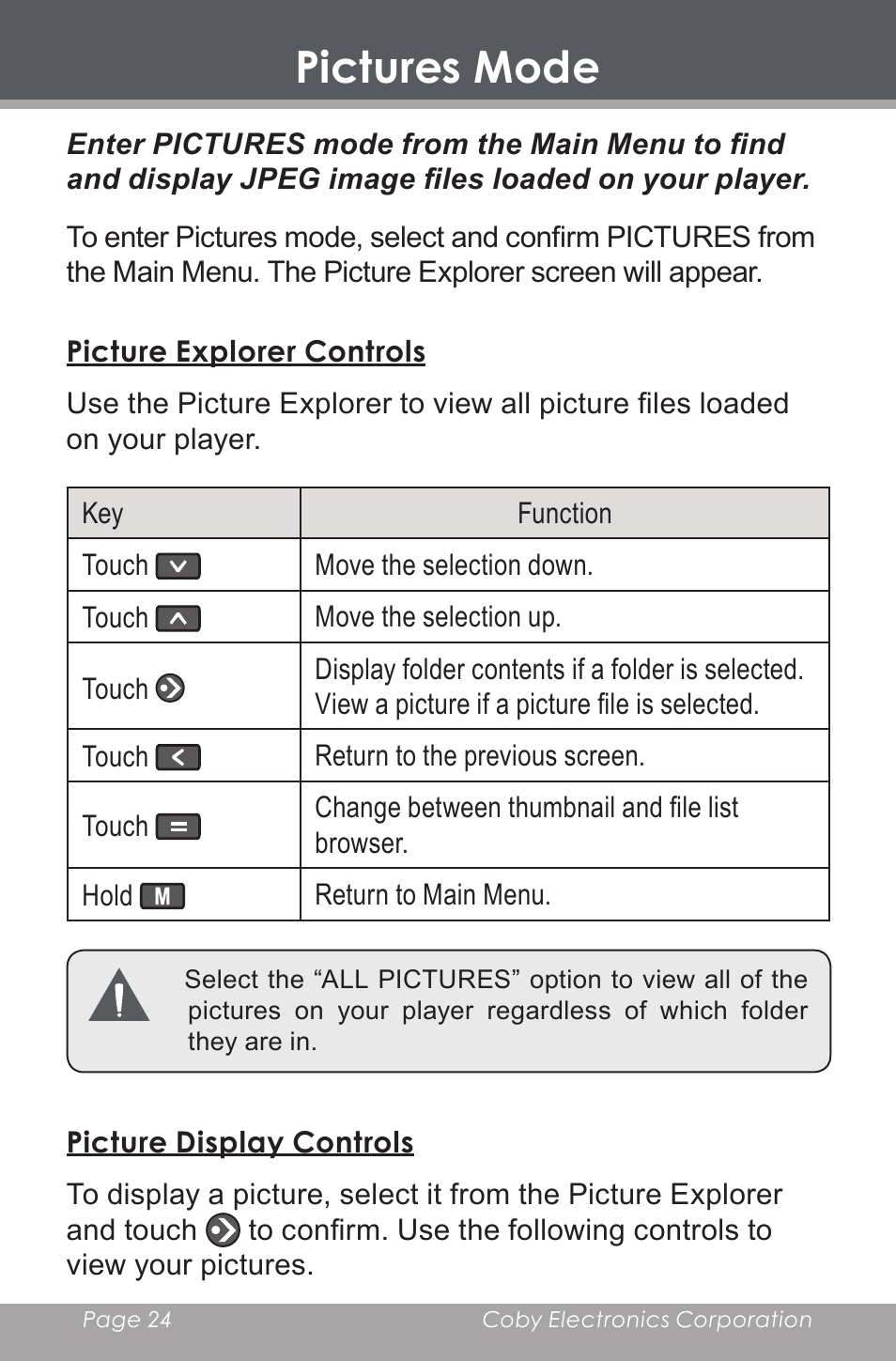 Pictures mode, Picture explorer controls, Picture display controls | COBY electronic MP-705-4G User Manual | Page 24 / 58