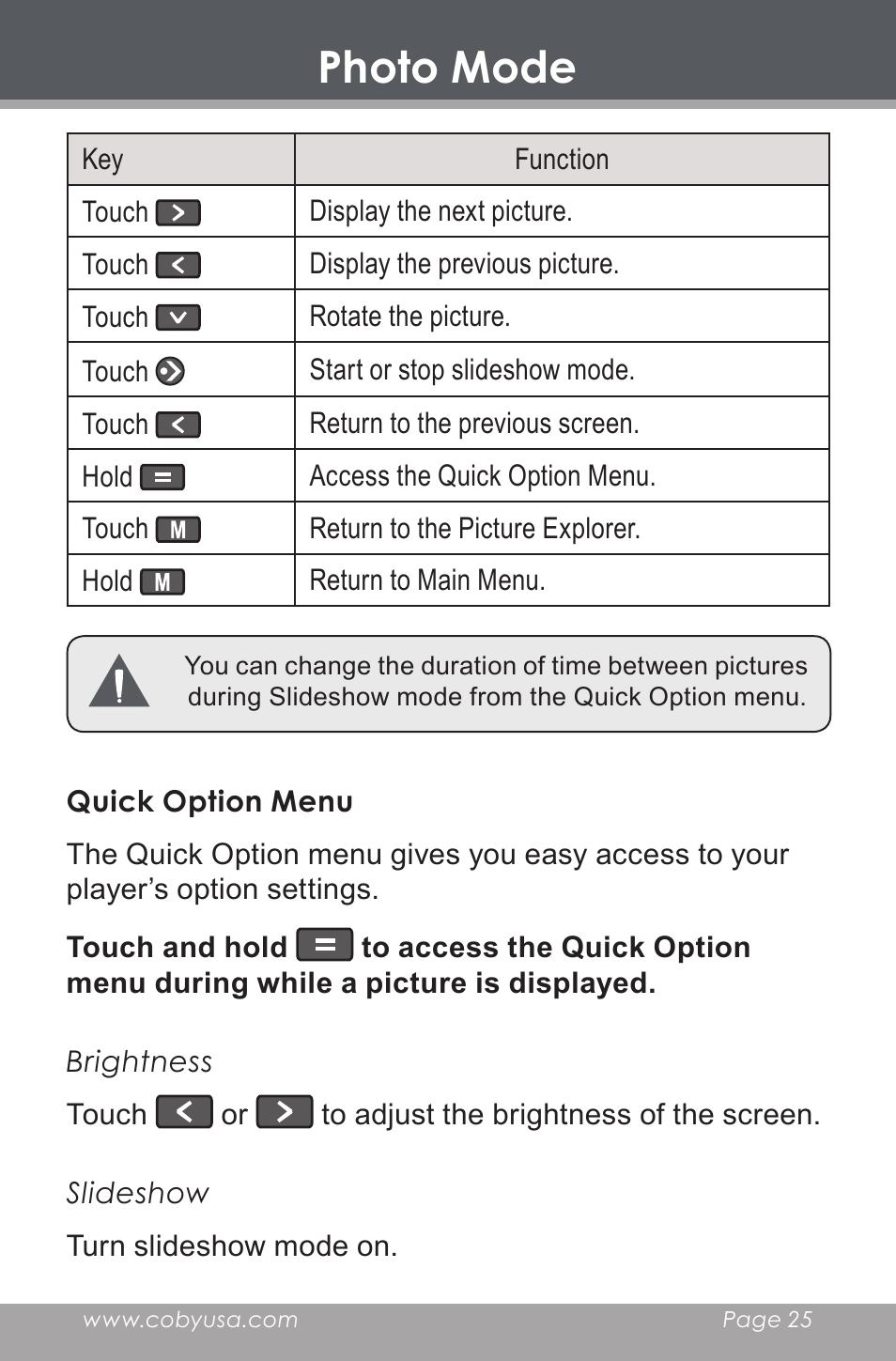 Quick option menu, Photo mode | COBY electronic MP-705-4G User Manual | Page 25 / 58